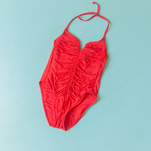 St. John Other - St John Swim Vintage 90s Red Ruched Bedazzled Gem Halter Neck One Piece Sz 8